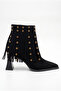 Women's Thick Striped Heeled Pointed Toe Studded Tasseled Suede Western Design Boots - 4