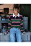 Women's Green Navy Blue Striped Polo Collar Oversize Rugby T-Shirt - 5