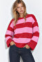 Women's Thick Red Pink Striped Crew Neck Oversize Sweatshirt - 3