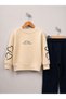 Simit Yaka Slogan Printed Sweatshirt/Ribbed Wide Leg Sweatpants 3-Piece Set - 4