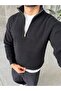 Half Zipper Ribbed Knit Sweater m Black