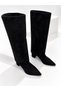 Women's Black Suede Leggings Detailed Boots with Detachable Apparatus, Heeled, Pointed Toe, Zippered Women's Shoes - 6
