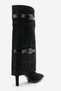 Pien Black Suede Print Pointed Toe Women's Thin Heeled Boots - 7