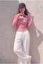Women's Pink Twill Camisole Full Button Flexible Button Detail Long Sleeve Crew Neck Cardigan Blouse - 2