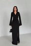 Black Double-Breasted Long Dress with Gold Button Detail and Slit