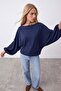 Women's Navy Blue Bat Cut Balloon Sleeve Lightly Transparent Blouse Alc-X15867