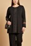 Large Size Knitted Knitwear Blouse with Tulle and Stone Detail, Black