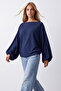 Women's Navy Blue Bat Cut Balloon Sleeve Lightly Transparent Blouse Alc-X15867 - 3