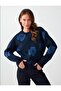 Navy Blue Floral Patterned Round Neck Knit Sweater