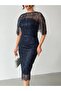 Navy Blue Strapless Cape Beaded Embroidered Midi Evening Dress - 4