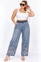 Plus Size Tencel High Waist Striped Elastic Flower and Stone Embroidered Wide Leg Women's Pants