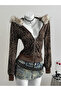 Leopard Detailed Fur Hooded Zippered Sweatshirt Cardigan - 6
