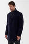 Grande Men's Navy Blue Regular Fit Thick Cashmere Coat with Front Zipper - 3