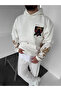 White Hooded Oversize Premium Bee Embroidered Sweatshirt - 3