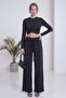 Women's Draped Crop Blouse and Tie Detail Wide Leg Pants Set Brown, Black