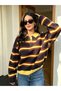 Women's Yellow Striped Buttoned Shirt Collar Women's Knitwear Sweater, Women's Sweatshirt Fmoda2281