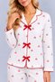 Women's White Cherry Patterned Long Sleeve Pajama Set with Red Bow Detail - 5