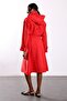 Red Belted Stand Collar Trench Coat - 5
