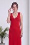 Women's V-Neck Thick Strap Ribbed Knit Midi Dress Red, Burgundy, Gray, Black, Green - 2