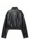 New Season Women's Oversize Stand Collar Black Leather Jacket with Epaulettes - 6