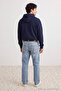 Navy Blue Hooded Oversize/Wide Cut Fox Embroidered Sweatshirt Tmnaw27Sw00032 - 4