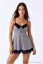 Siyah İnce Askılı Ekose Desen Saten Dantel Detaylı Fantezi Gecelik/Babydoll THMAW27LL00028 - 2