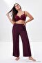 Bordo Balenli Sabit Kaplı Dolgusuz Dilim Dantel Detaylı T-Shirt Bra Sütyen - 2