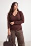 Brown Soft Fabric V-Neck Fitted/Flex Knit Plus Size Blouse Tbbaw26Af00025 - 4