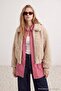 Beige Oversize Plush Fur Bomber Coat with Elastic Waist Twoaw27Mo00055 - 3