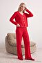 Kırmızı Pamuk Karışımlı Dantel ve Kurdele/Fiyonk Detaylı Fitilli Örme Pijama Takımı THMAW25PT00206 - 2