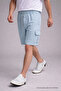 Men's Casual Cargo Pocket A.Blue Linen Shorts with Elastic Waist - 3