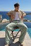 Men's Summer Green Baggy Linen Trousers with Elastic Waist - 3