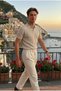 Men's Summer Cotton Textured Loose Beige Polo Collar T-Shirt - 2