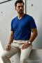 Men's Relaxed Fit Blue Loose V-Neck T-Shirt - 2
