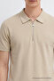 Men's Embroidered Zippered Beige Polo Collar T-Shirt - 5