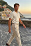 Men's Summer Cotton Textured Loose Cream Polo Collar T-Shirt - 2