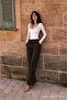 Women's Elastic Waist Jogger Dark Brown Linen Trousers - 2