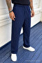 Men's High Waist Elastic Navy Blue Linen Trousers - 2