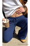 Women's Textured Navy Blue Palazzo Linen Trousers with Elastic Waist - 5