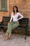Women's Elastic Waist Jogger Green Linen Trousers - 5