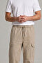 Men's Elastic Waist Cream Cargo Linen Trousers - 6