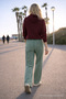 Women's High Waist Elasticated Dark Green Linen Trousers - 6