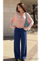 Women's Summer Textured Wide-Leg Navy Blue Linen Trousers