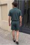 Men's Linen Polo Collar Shirt Lace-Up Summer Shorts Khaki Two-Piece Set - 5