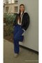 Women's Casual Textured Palazzo Navy Blue Linen Trousers - 2