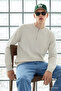 Men's Trendy Striped Zippered Cream Knit Sweater