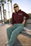 Women's High Waist Elasticated Dark Green Linen Trousers - 5