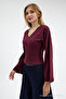 Women's V-Neck Long Sleeve Tight Burgundy Blouse - 6