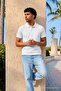Men's Short Sleeve White Loose Polo Collar T-Shirt - 5