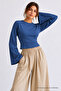 Women's Slim Fit Knitted Crew Neck Blue Blouse - 4